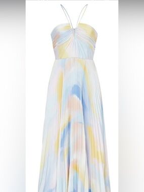 Monique Lhuillier Pastel Blue, Yellow & Blush Pleated Maxi Dress